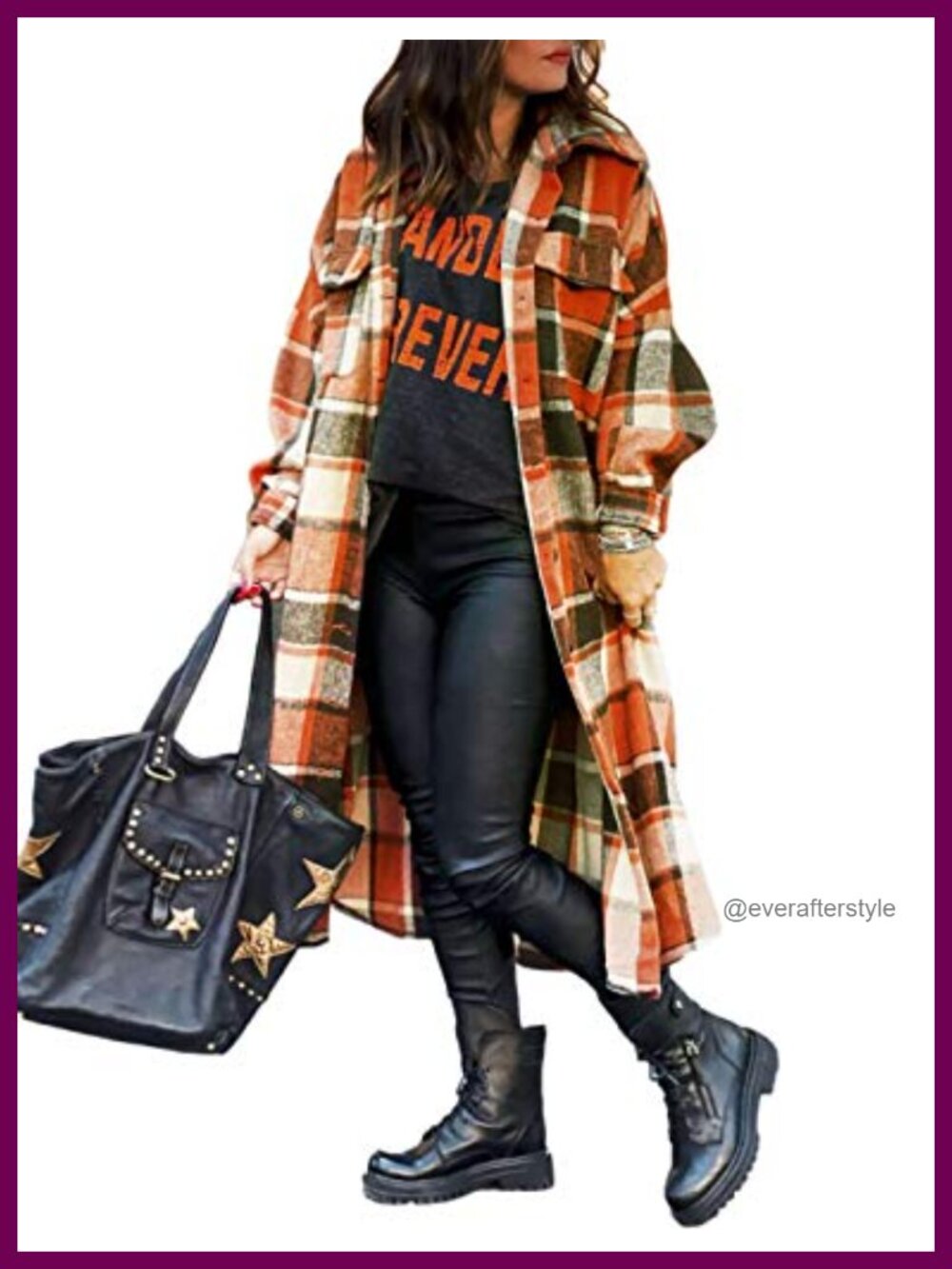 Plaid Flannel Trench Coat Button Down Long Shacket Relaxed Fit